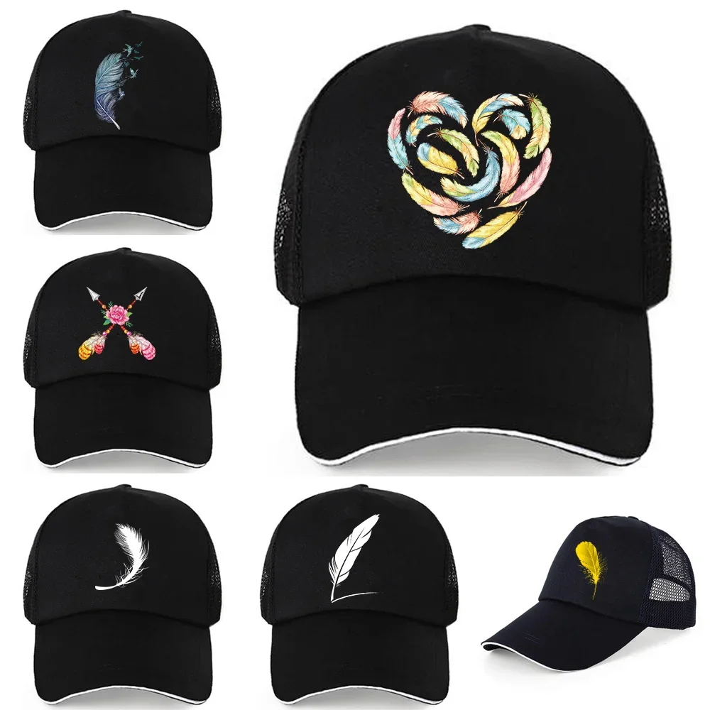 Baseball Cap Outdoor Buckle Caps2024 Women Breathable Mesh Hat Men Feather Print  Adjustable Sunscreen Sun Hats Pure Cotton Back