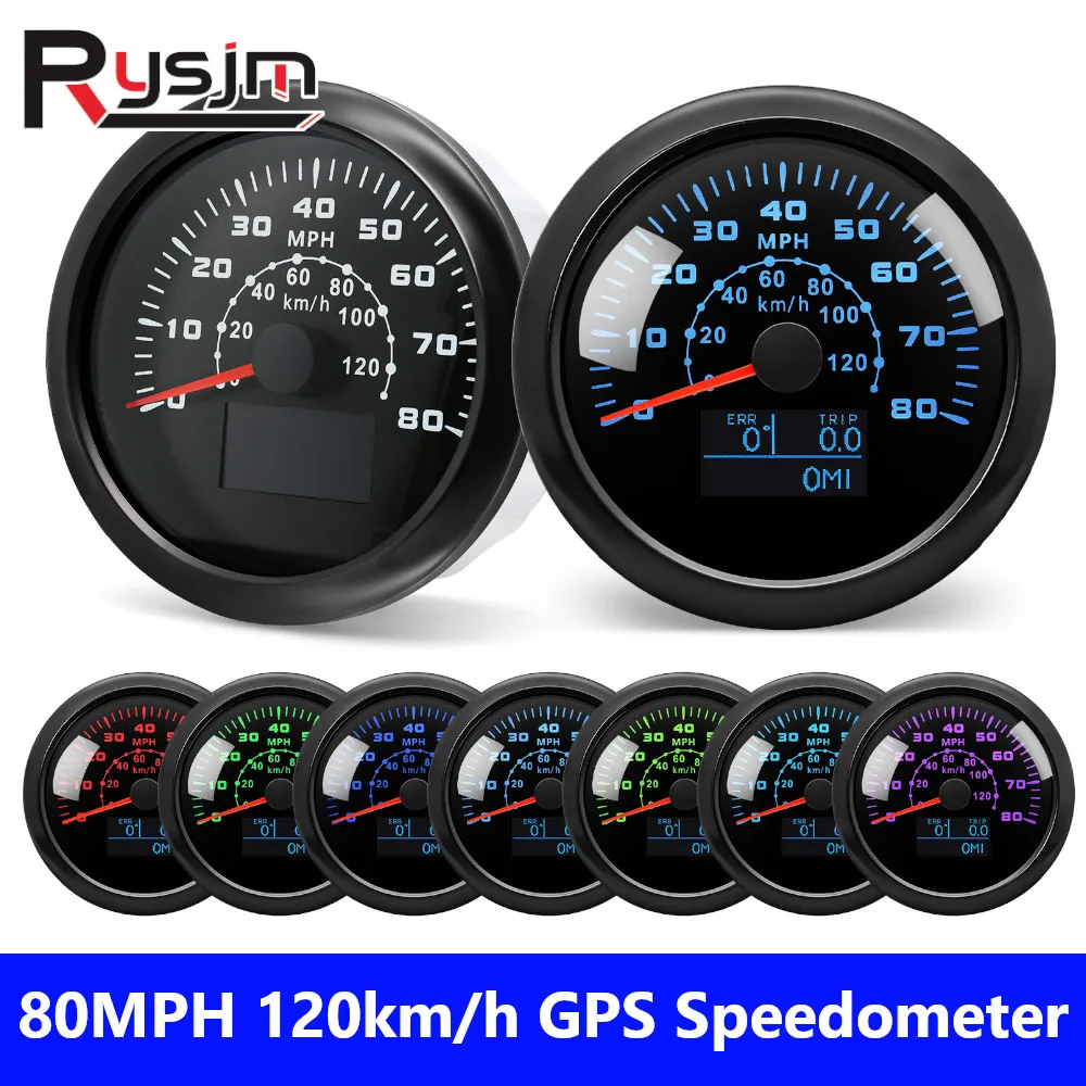 7 Color Backlight 85MM Waterproof GPS Speedometer 80MPH 120km/h Gauge Speed Meter With GPS Antenna for Boat Car Truck ATV Custom