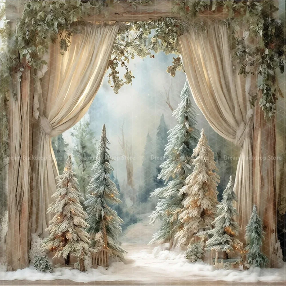 Winter Christmas Forest Hot Air Balloon Theme Banner Decoration Backdrop, Christmas Party, Home Decoration Photography Backdrop