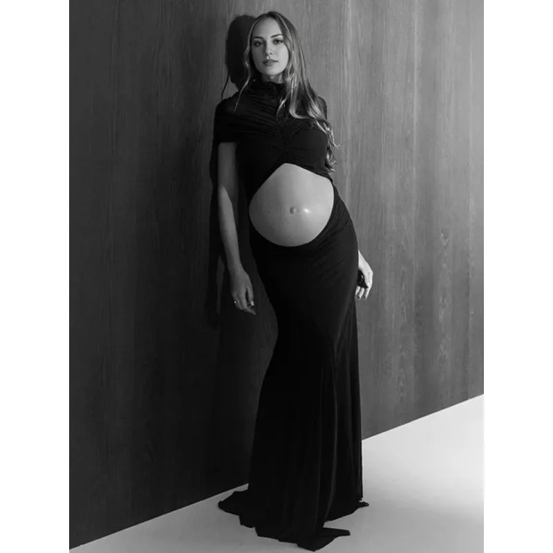 Schwangerschafts-Fotoshooting, zweiteiliges Maxikleid mit Netzausschnitt, elegantes, stilvolles Umstandskleid, Umstandsfotografie-Outfit, Requisite für Mütter