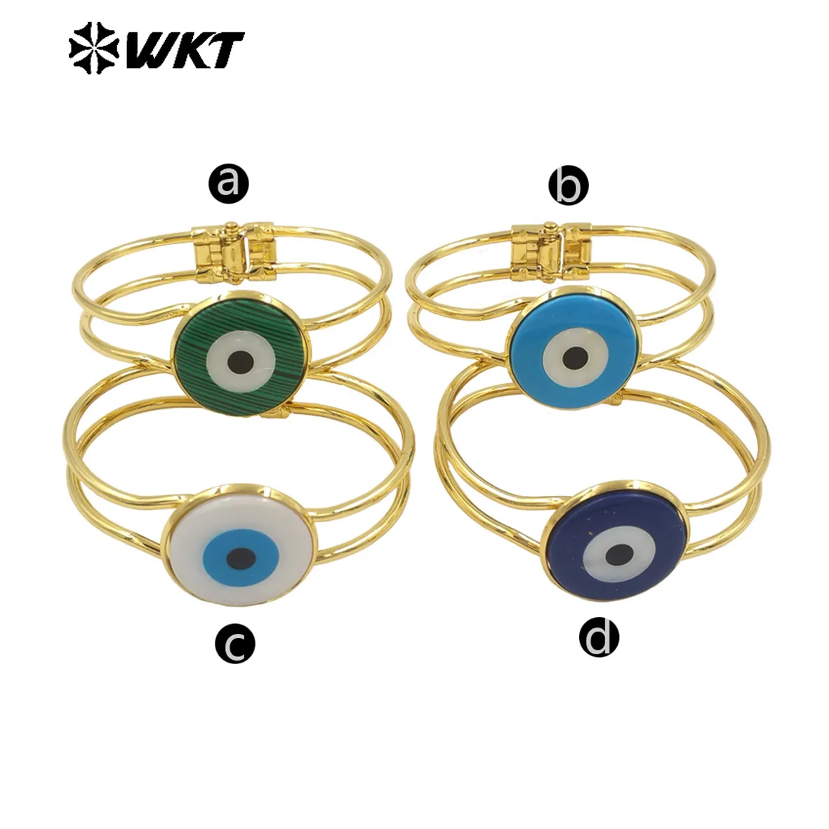 WT-MPB093 Amazing 18k real gold bezel shell Turkey Eye Bangle Religious round eye shell cuff bangle for women in 10pcs