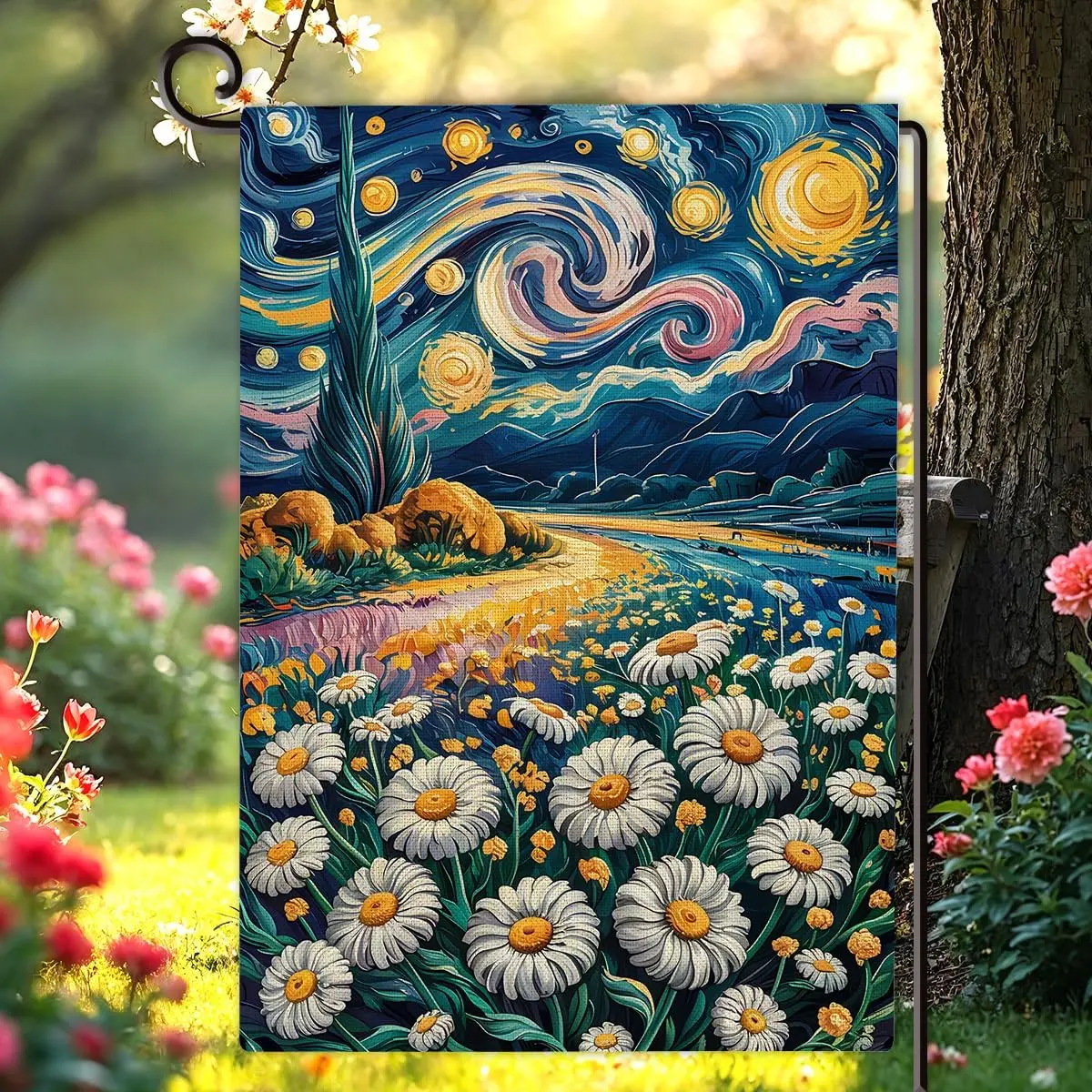 Spring Summer Floral Garden Flag Double Sided Starry Night Daisy Burlap House Flag Outdoor Seasonal Decorations for Yard Por yyi