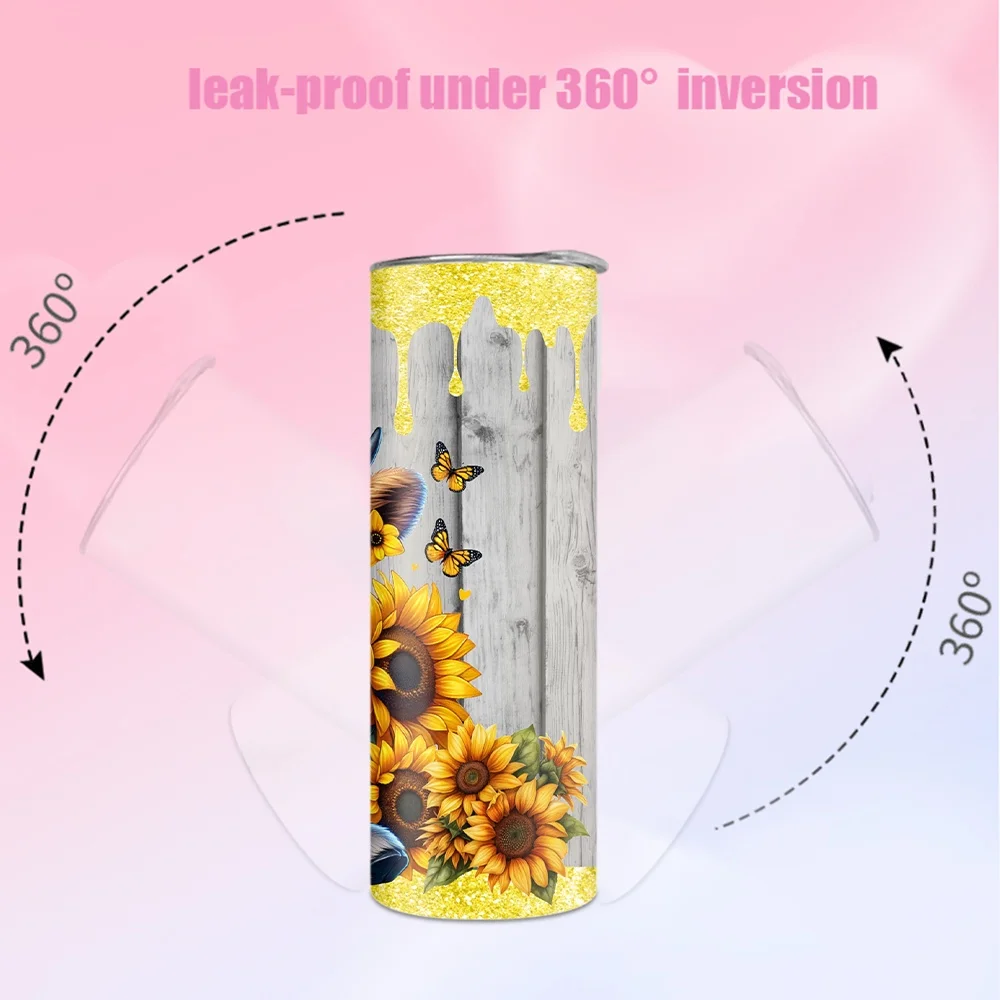 Bild 7: 1 Stück Edelstahl-Wasserflasche/-Becher mit Strohhalm – Kalb- und Sonnenblumenmuster, 20oz (591ml)