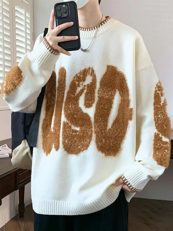 

Trendy Oversized Men's Sweater American Retro Letter Color Blo Lazy High-End Feeling Overhead Soft Cozy Sle Knitted Sweater