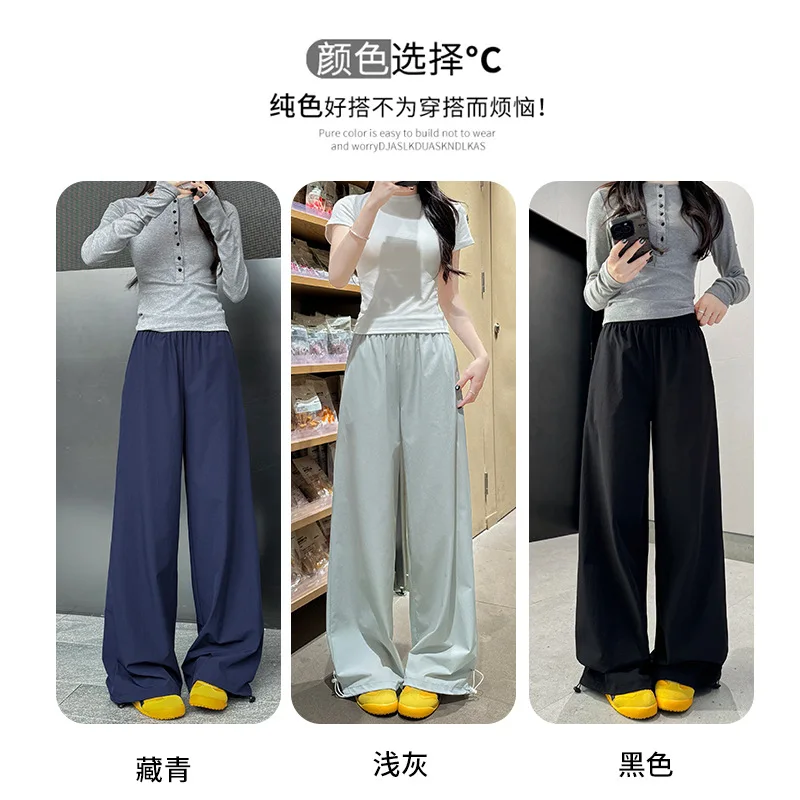 Grijze sneldrogende cargobroek voor dames, zomer dunne stijl2025Nieuwe casual petite wijde broek Hoge taille Amerikaanse stijl joggingbroek