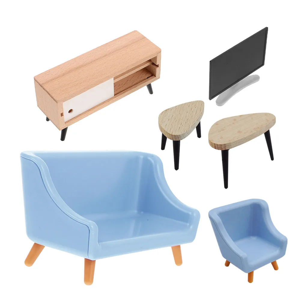 

1Set Miniature Dollhouse Living Room Furniture Set Realistic TV Cabinet Sofas Coffee Table Accessories Decoration DIY Miniature