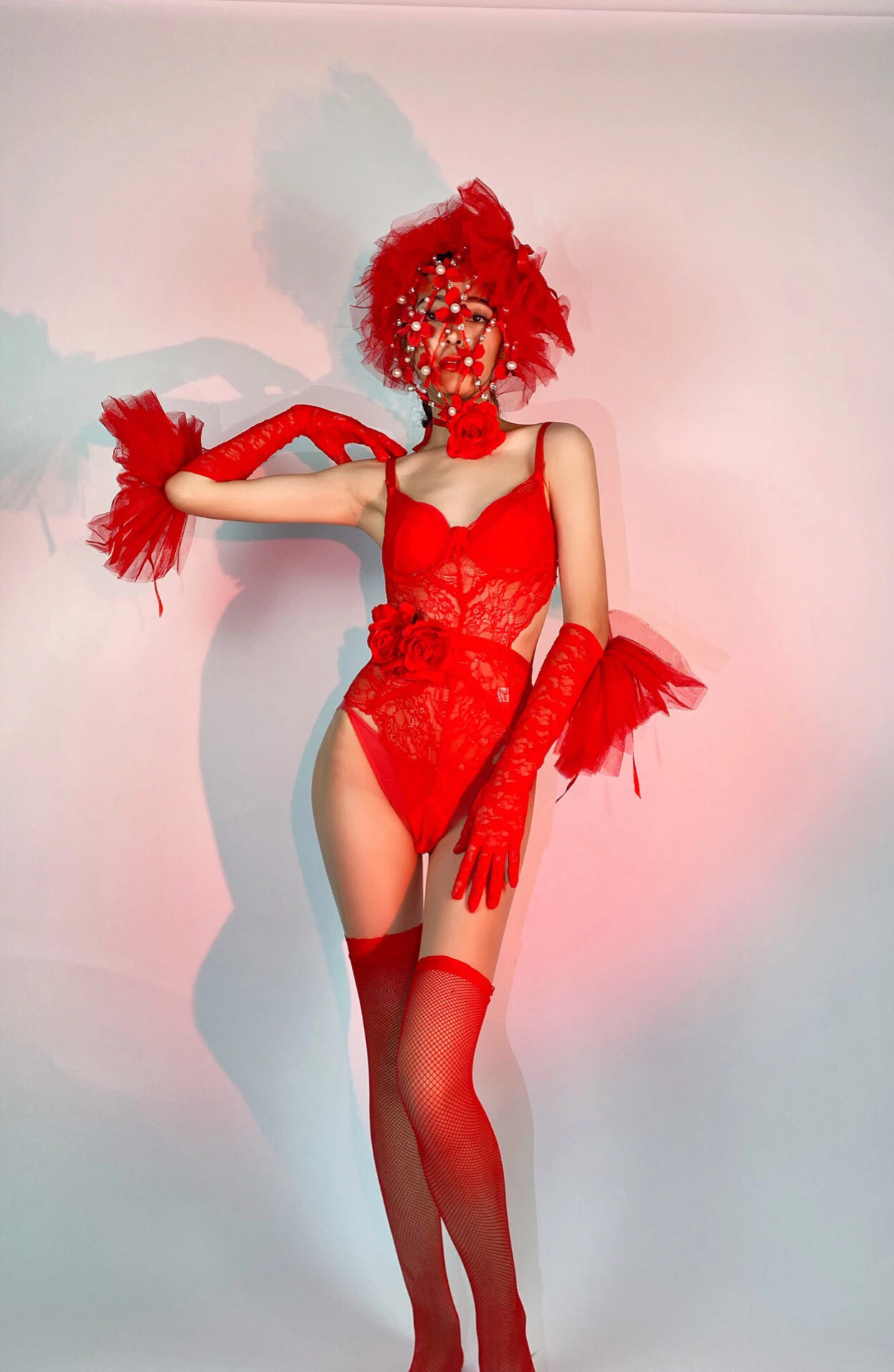 섹시한 레이스 바디수트 폴 댄스 의상, 나이트 클럽 고고 댄서 의상, 진주 마스크, 드래그 퀸 코스튬 카니발 레이브 의상