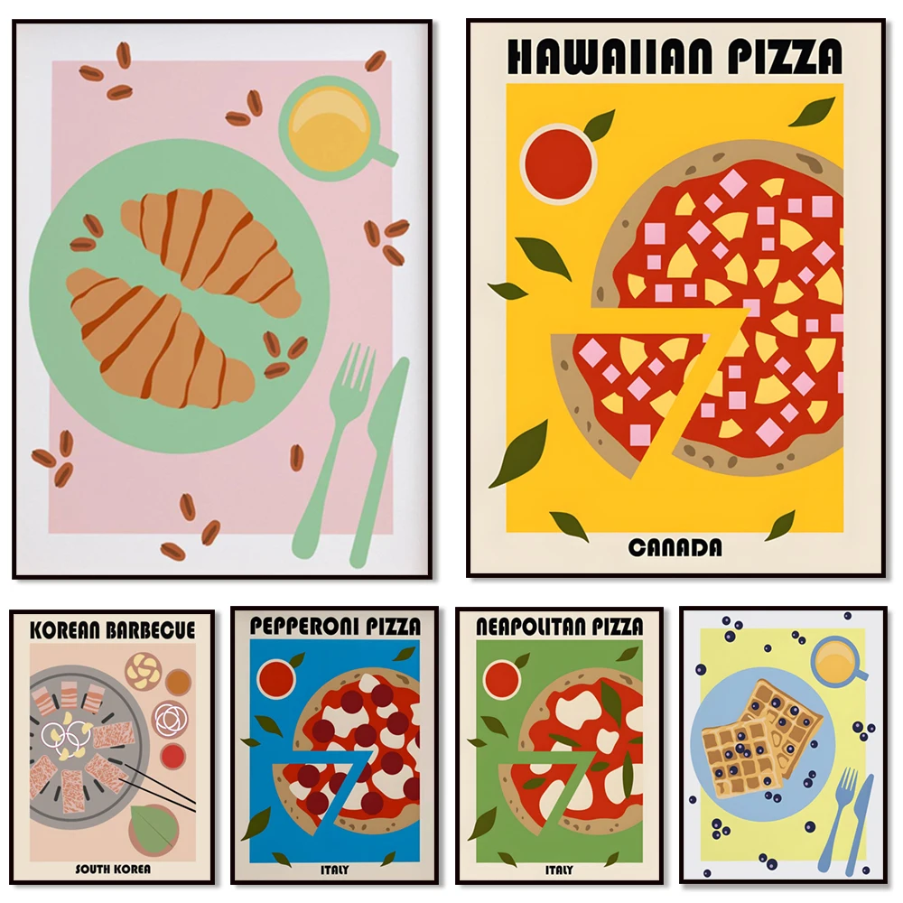 English breakfast, pepperoni pizza, pizza, croissant, waffle, Korean BBQ, modern kitchen wall decor poster, food illustration,