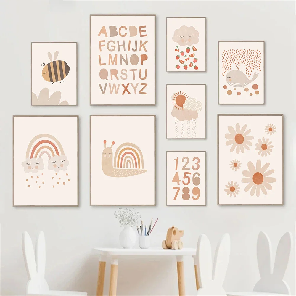 Boho Daisy Posters Cloud Rainbow Bee Whale Snail Canvas Painting Print Alphabet Wall Art Nursery Picture Baby Kids Room Decor