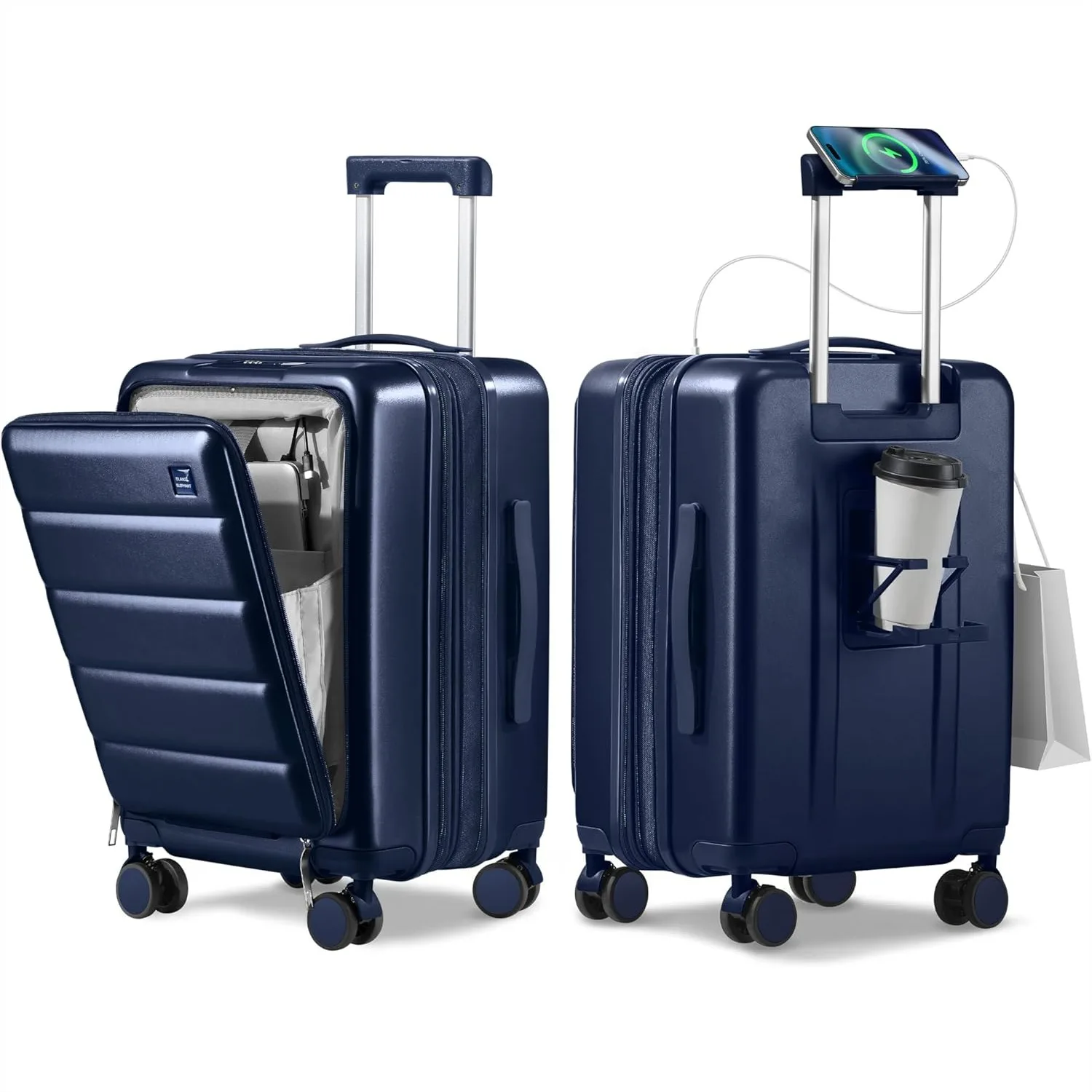 

20 Inch Expandable Carry On Luggage Airline Approved, 100% PC Hard Shell Travel Suitcase with Front Pocket, USB Port, Cup
