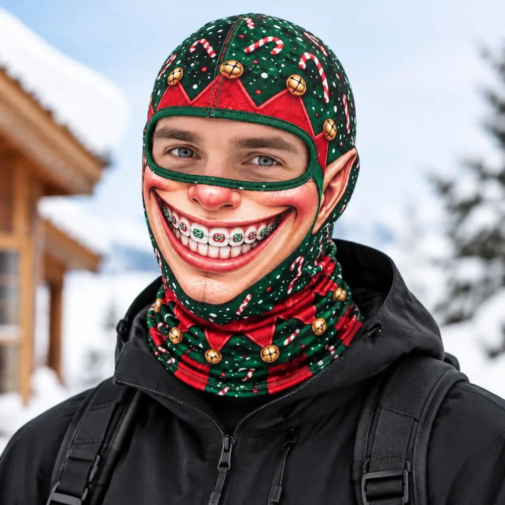 3D Printed Full Face Christmas Funny Ski Mask Snowflake Pattern Full Coverage Winter Mask Cover Stretch Breathable Eye Hole