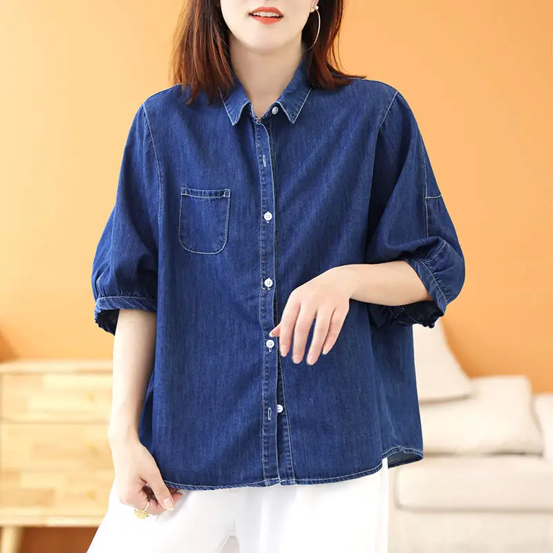 Women Fashion Lapel Collar Single Breased Denim Blouses Female Casual Half Sleeve With Pockets Solid Jeans Shirts Tops