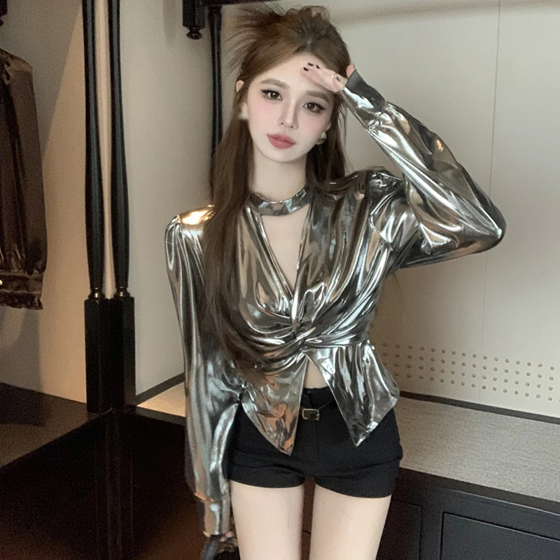 Halterneck V-Neck Long Sleeve Top For Women Silver Slim Fit Sexy Crop Top Party Club Hottie Street Wear All-Match Spring Fall