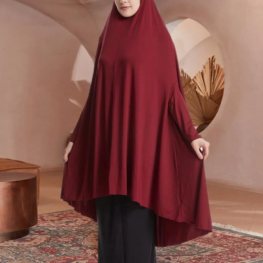 Baju Muslim bertudung untuk wanita, jubah Midi lengan panjang dengan tudung, Gaun longgar elastis warna Solid untuk wanita