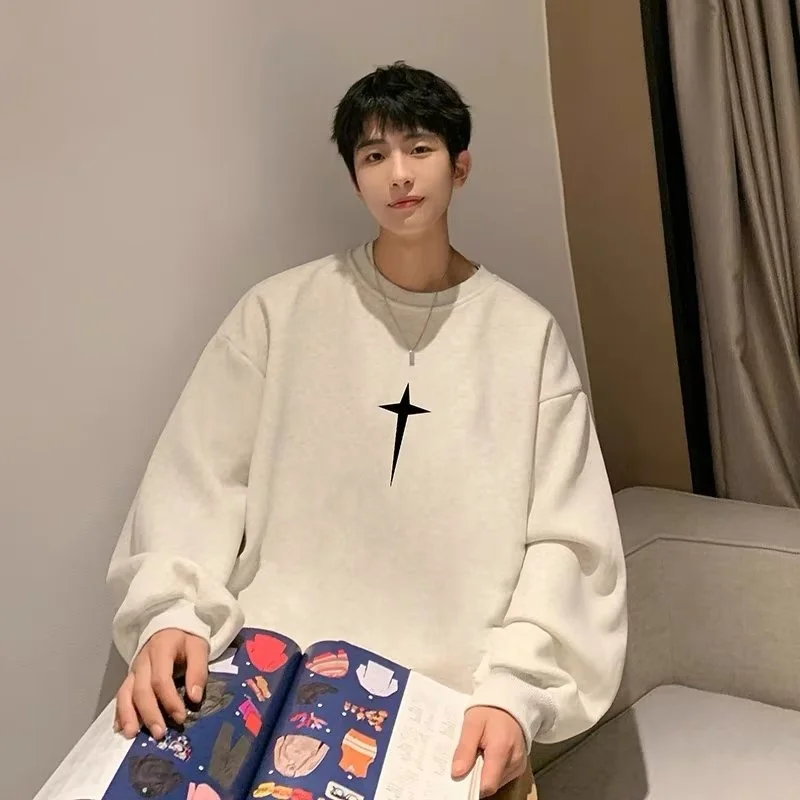 

M-8XL Autumn Men Pullover Oversize Sweatshirt Korean Fashion Loose American Vintage Geometry Pattern Print Velvet Couple Clothes