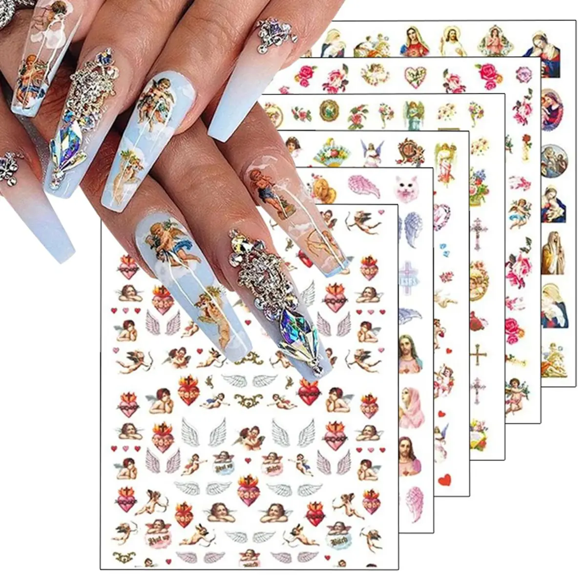 Autocollants pour ongles ange, 3/6 feuilles, Vintage, chérubin, jésus, croix religieuse, décalcomanies pour Nail Art, décorations de manucure à faire soi-même