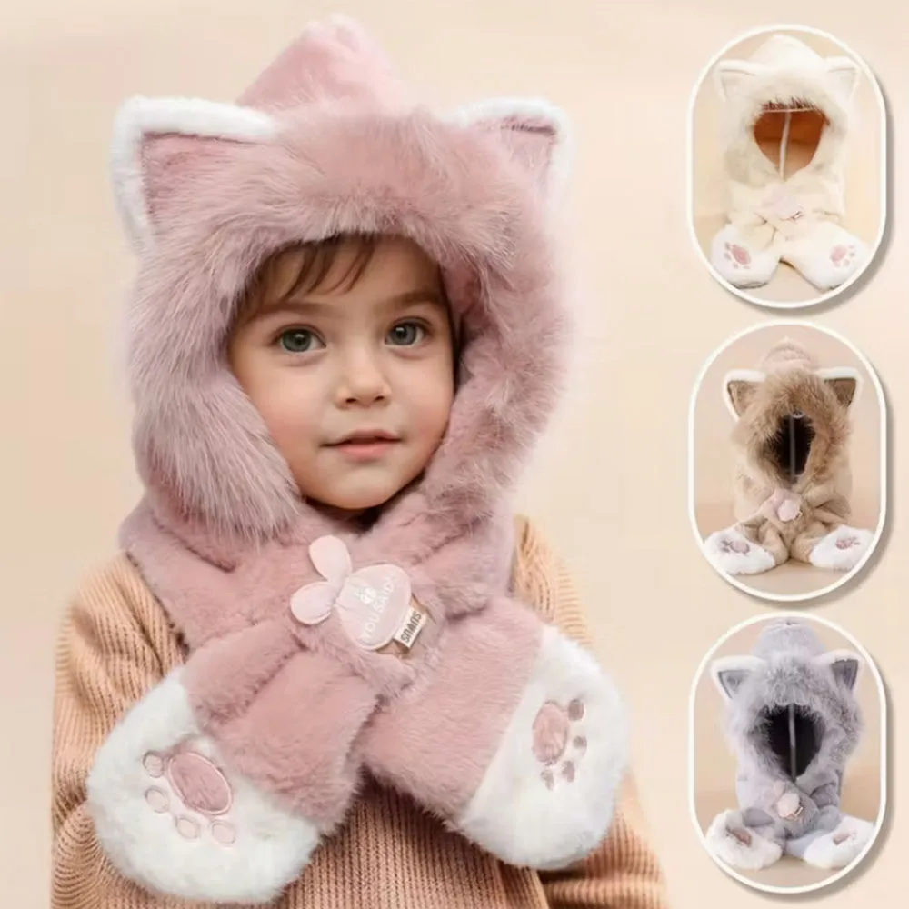 

Зимний плюшевый утолщенный пуловер с милыми кошачьими ушками для молодежи от 2 до 10 лет, теплая шапка с вышивкой кошачьей лапы и шарф