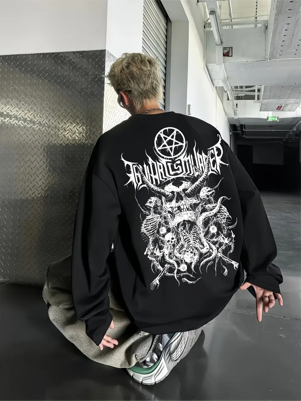 Sudadera con capucha de manga larga para hombre, estilo europeo y americano, con estampado de letras de calavera gótica, microelástica, cómoda, para exteriores, calle alta