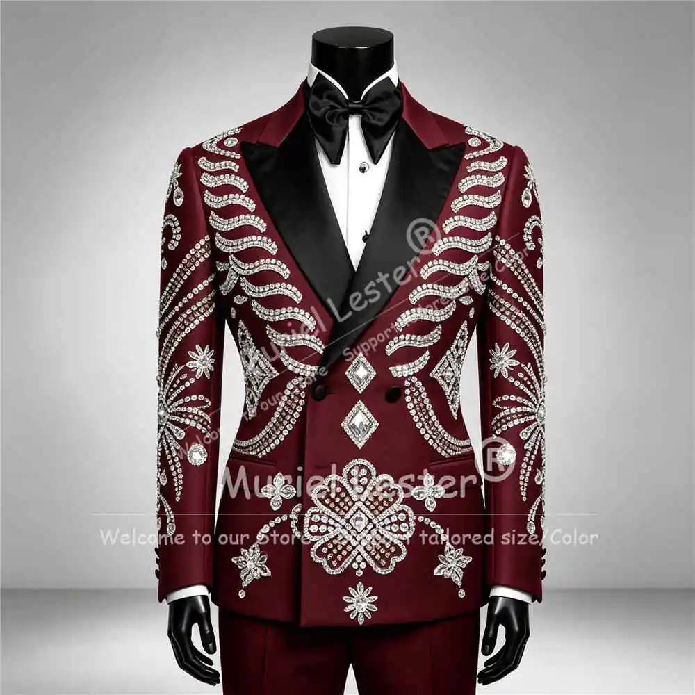 Exquisite Crystals Beading Suits Men For Wedding Double Breasted Jcket Pants 2 PCS Groom Dinner Party Tuxedo Trajes Para Hombre
