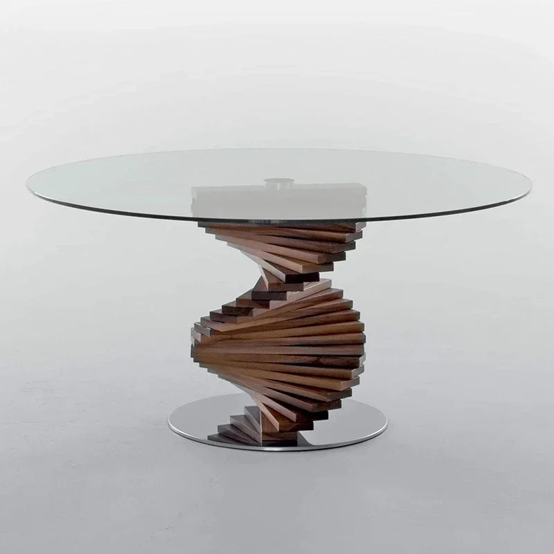 

Italian Style Solid Wood Dining Table Light Luxury Curved Round Table Tempered Glass Living Room Hotel Personalized Dining Table