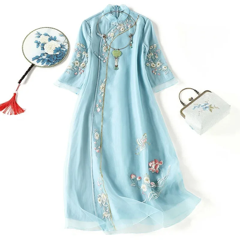 Summer Traditional Chinese Women Clothing Blue Mid Sleeved Round Neck Modified Modern Cheongsam Vestidos Elegantes Para Mujer