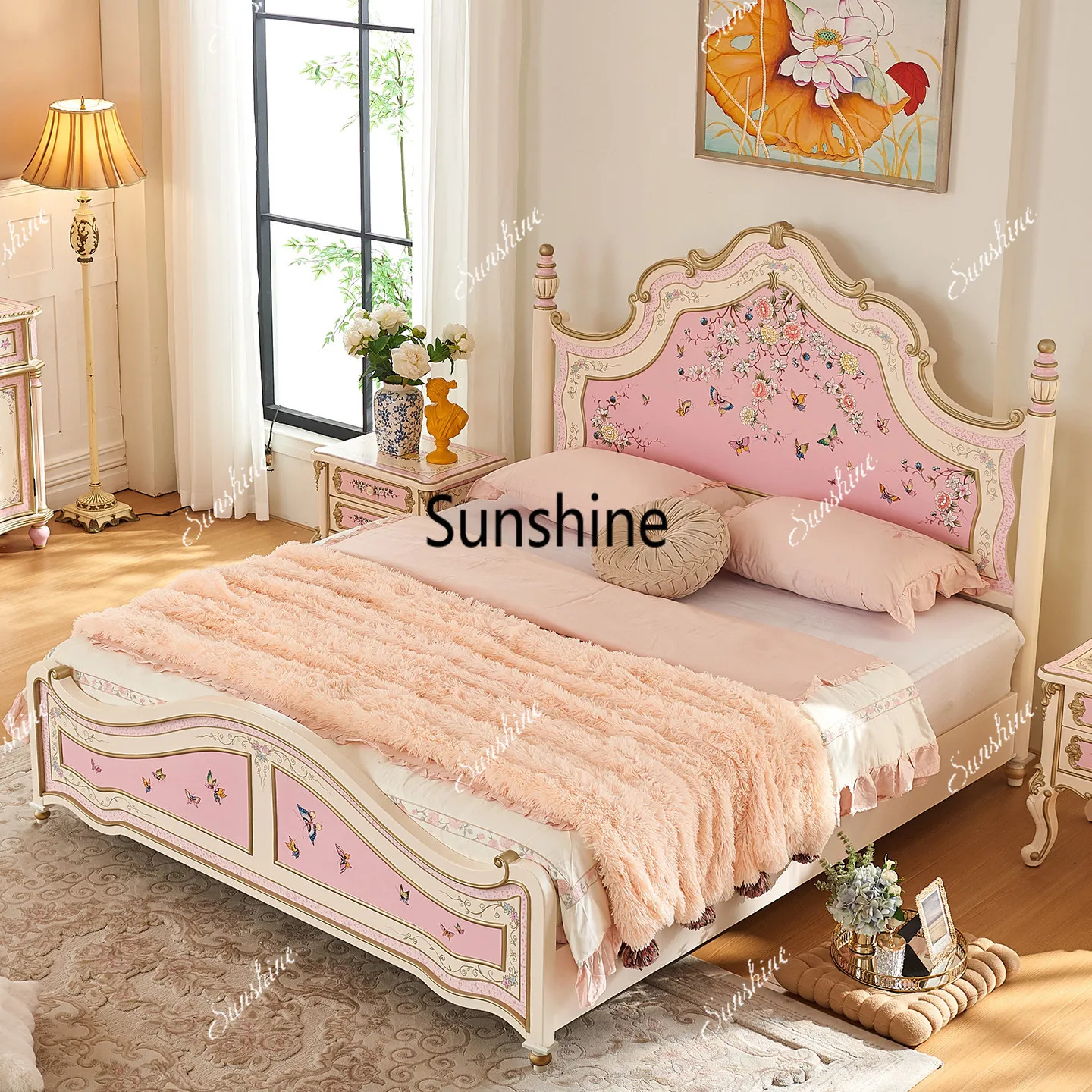 French court girl pink cream wind princess bed