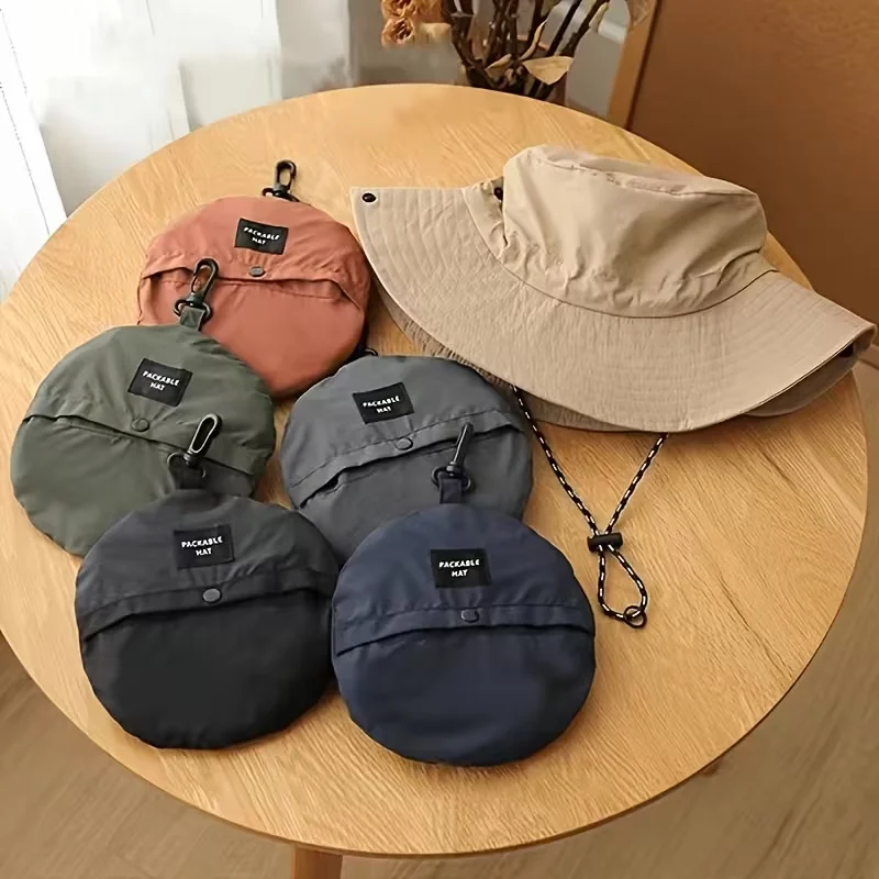 Foldable storage fisherman hat, lightweight and quick drying outdoor sun hat, unisex large brimmed sun hat with windproof rope