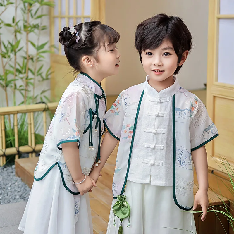 Kids Ancient Chinese Hanfu Suit Vinatge Traditional Dance Perform Costume Boy And Girl Martial Arts Student Uniform Cosplay