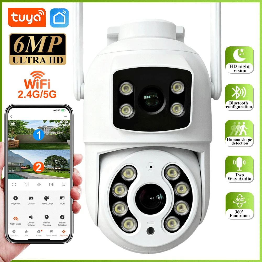 

Tuya 6MP HD Wifi PTZ Cam Color Night Vision Function AI Auto Tracking Security Protection IP Cam CCTV Audio Video Surveillance