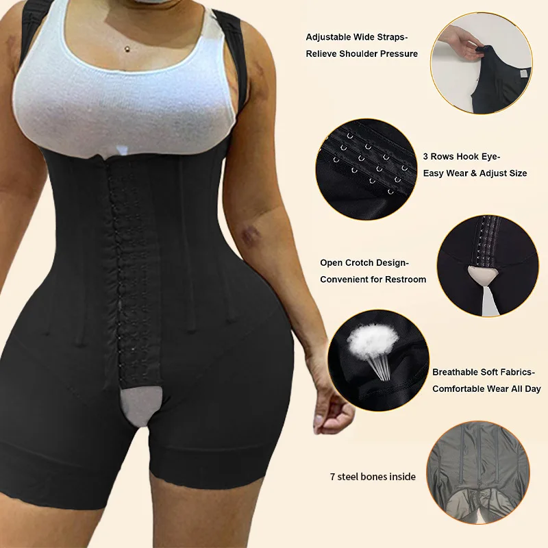 

7 Bones Corset Body Shaper High Compression Panty Abdomen Control Double Faja Shapewear Bodysuit Waist Trainer Open Bust Panties