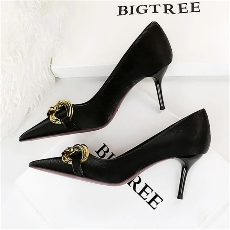 

BIGTREE Women's Summer 2023 Fashion Nude Metal Buckle Pumps High-Heels Sexy Party Stilettos Heels Office Shoes Large Size 42 43