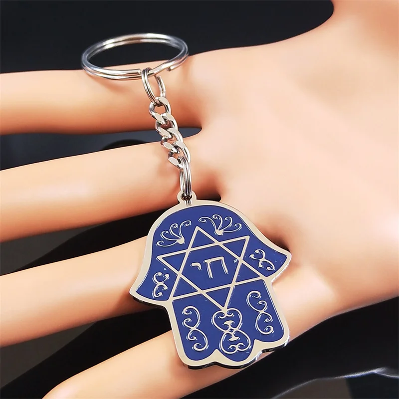 Hebrew Judaism Hexagram Stainless Steel Hamsa Hand Key Chain Star of David Chai Hand of Fatima Keyring Jewelry llaveros K2867S07