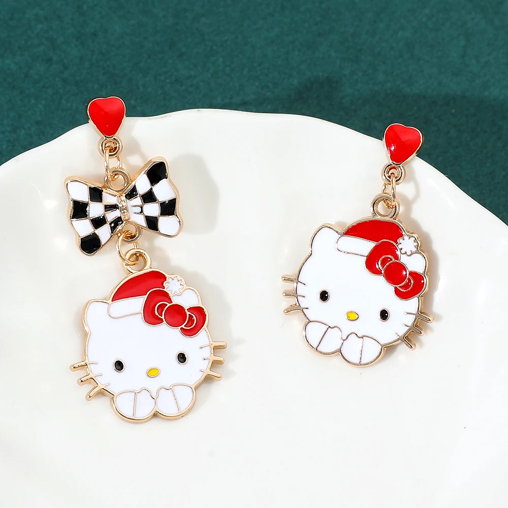 Anime Sanrio Earrings Cute Cartoon Figure Christmas Kuromi Hello Kitty Metal Badge Pendant Ear Drop Earrings Kawaii Jewelry