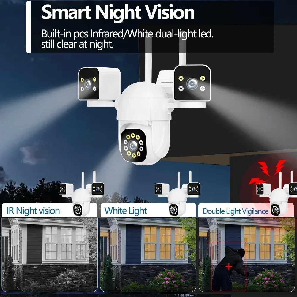 Three Lens 4K Wifi PTZ IP Camera 12MP Three Screen Auto Tracking Wireless CCTV Security Surveillance Camera Color Night Vision