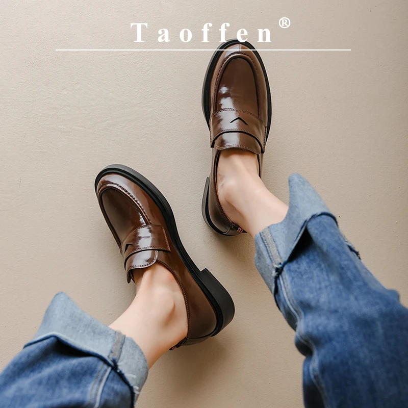 

Taoffen Concise Loafers Women High Quality Genuine Leather Slip on Shallow Solid Shoes Chunky Heel Office Casual Commuting Pumps