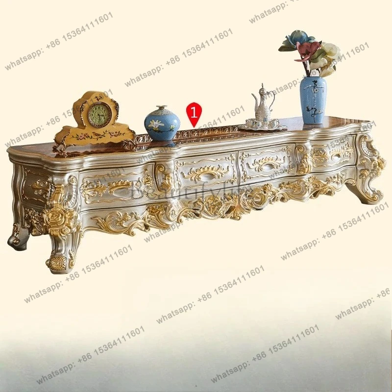 solid wood TV cabinet, villa large-sized water-based paint engraved gold-painted TV living room drawer cabinet