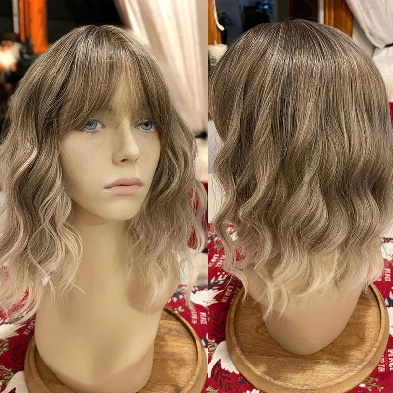 Short Medium Beach Wave Wig With Bangs Ash Beige Highlights Realistic Parting Lace Front Wig Chemo Alopecia Casual Comfy Wig