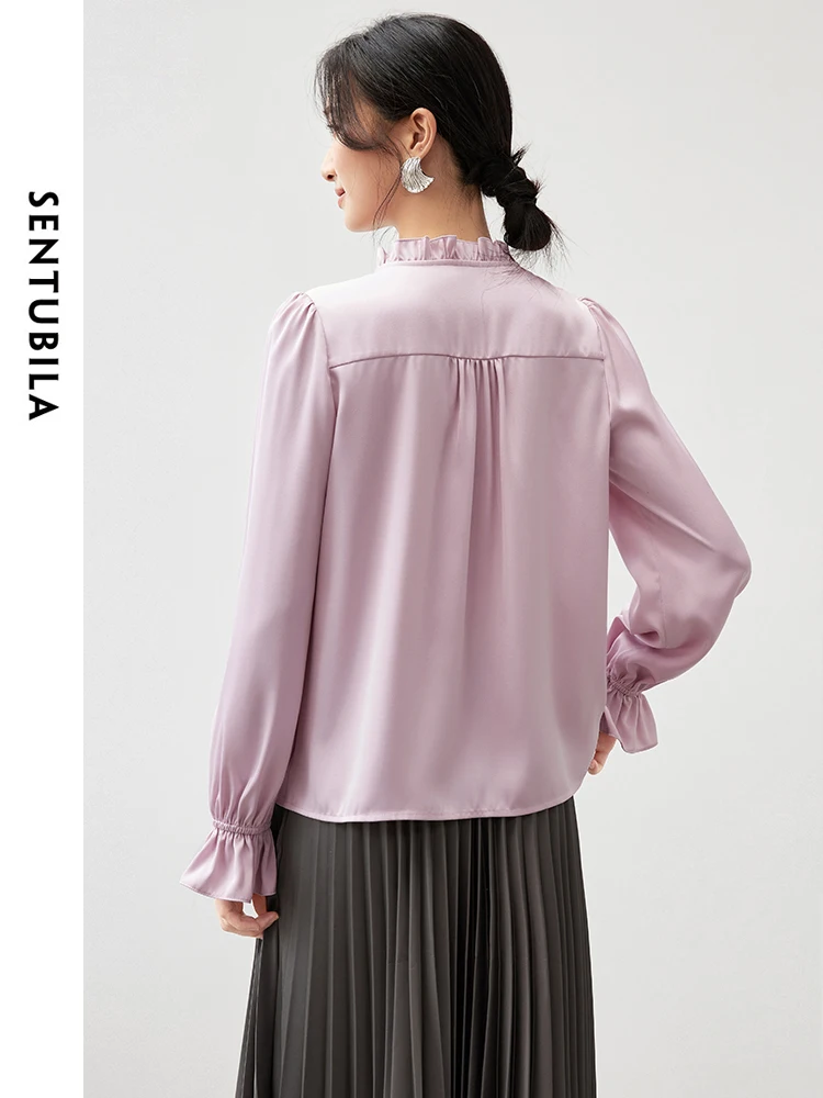 SENTUBILA Texture Satin Shirt for Women 2024 Autumn Straight Hollow Out Ruffled Neck Puff Sleeve Elegantly Women Top 143C55441