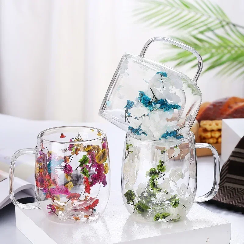 250ml / 350ml Double Wall Glass Cup Dry Flowers Insulated Flowers Espresso Cup Coffee Mugs Dual Layered Glass Cups Dried Flowers