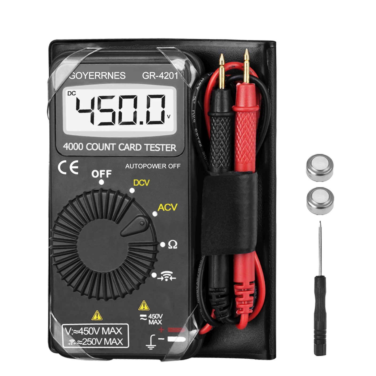 Pocket Digital Multimeter-4000 Counts, Auto Range, AC/DC Voltage up to 450V, Resistance, Diode Test, Continuity Buzzer HP-4201