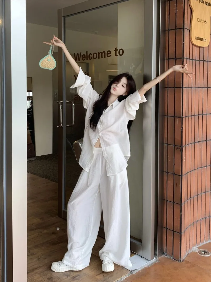 2024 Early Spring Lazy Style Linen Sun Protection Shirt Casual Wide Leg Pants Long Pants Loose Two-piece Set Female Clothing