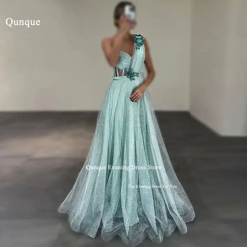 

Qunque Mint Green Princess Evening Dresses A-Line Glitter Tulle Prom Dress Charming Customized Beaded Sequined Vestidos De Gala