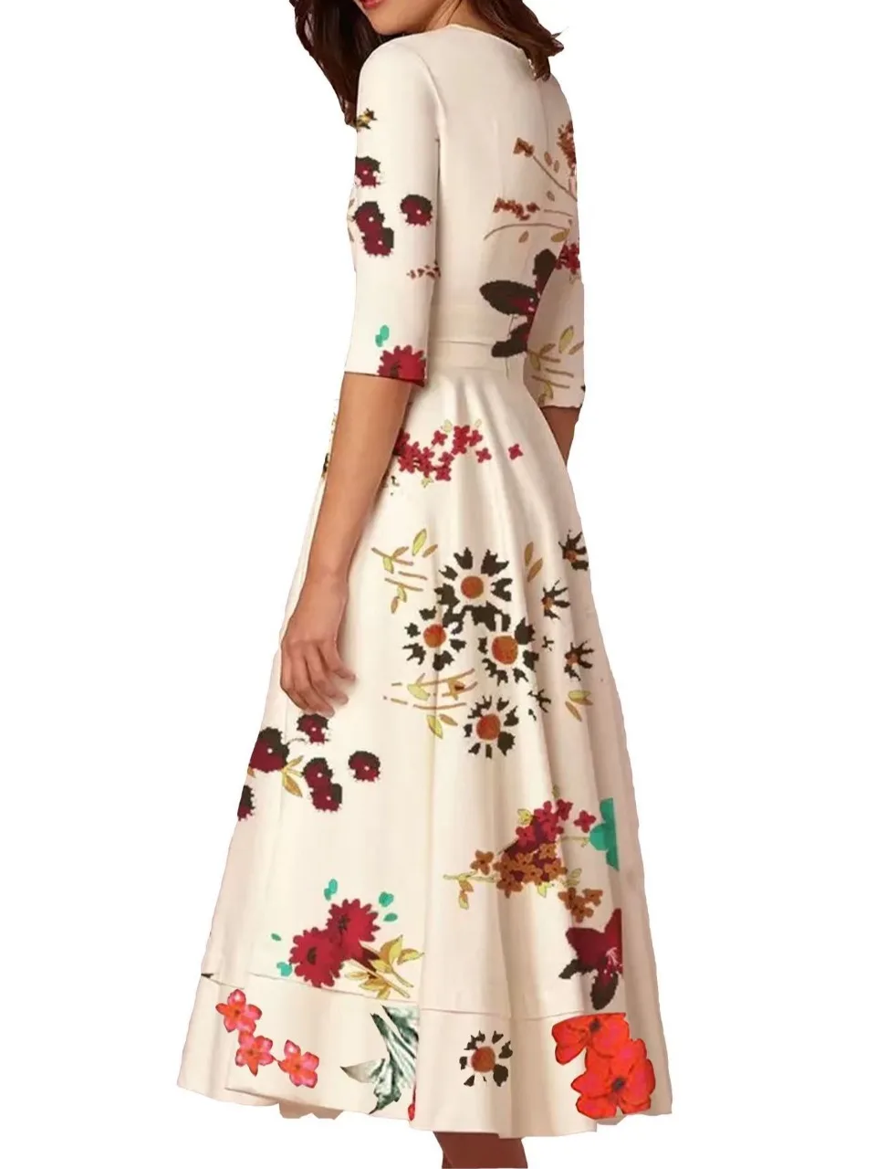 Faionable Sexy Deep V-Ne Print Waist-Cinched Mid-Sve Midi Dr Gown Lightweight Luxury Mid-Length Polyester Fabric