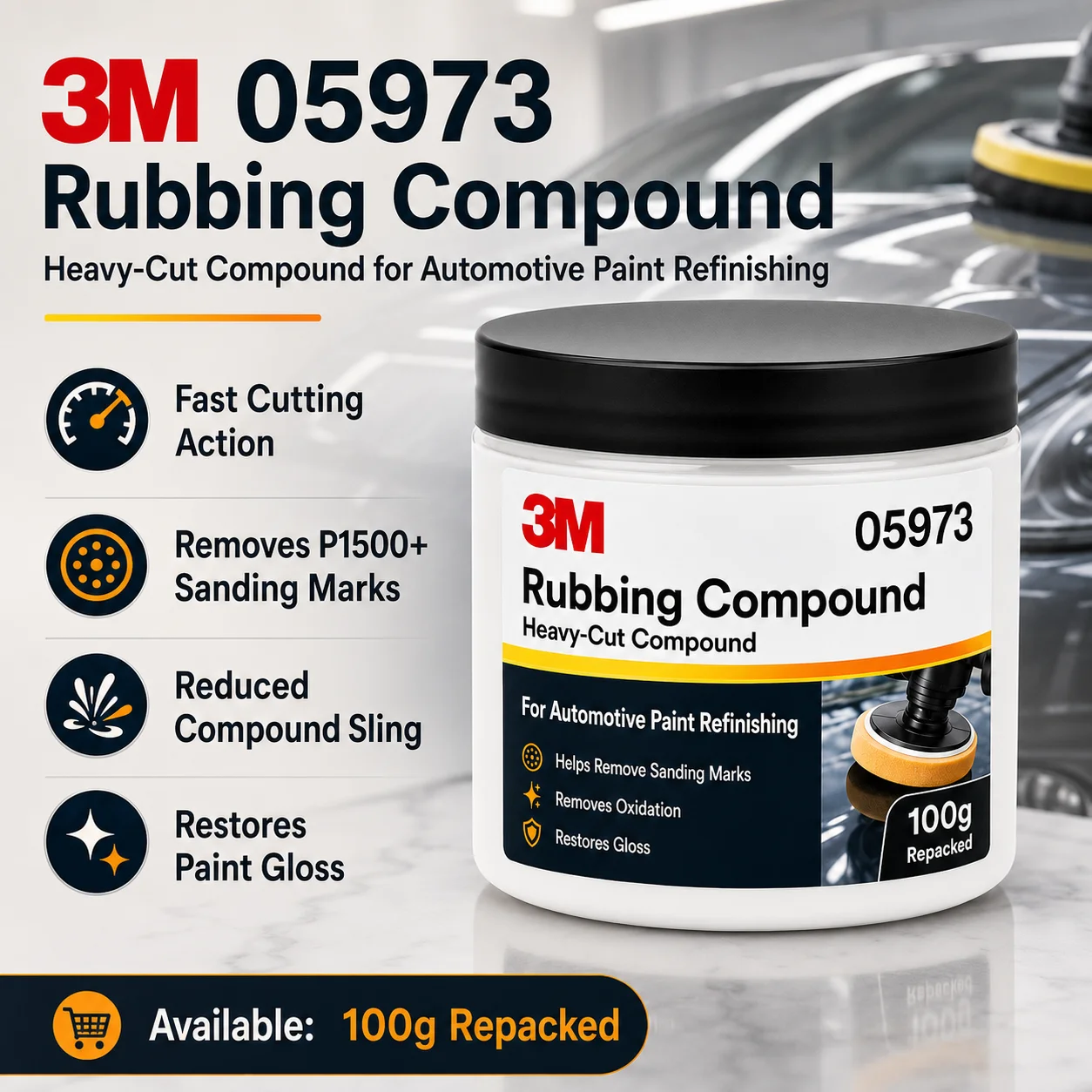 3M 05973 Rubbing Compound Heavy Cut Fast Cutting P1500+ Sanding Mark Remover for Automotive Paint Refinishing Cars 100g Repacked