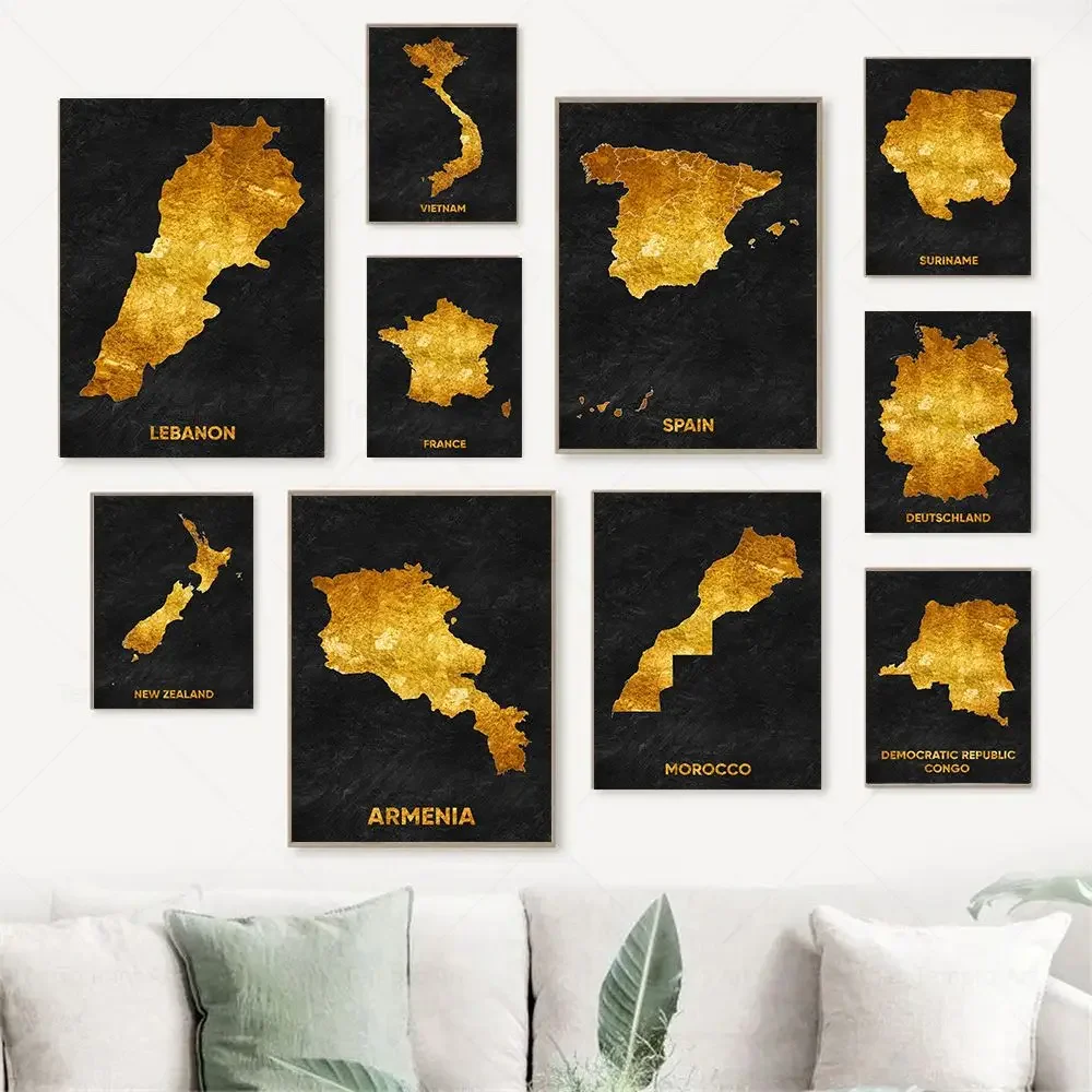 Classic Abstract Wall Art Black Gold Lebanon Country Map HD Canvas Print Poster Home Living Room Bedroom Decoration