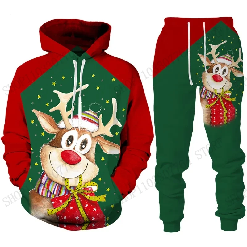 Cute Reindeer Elk Hoodie Pant Set Christmas 3d Print Set Men Women Fashion Hoodie +Sweatpants 2Pcs Set Sportwear Tracksuit Suit