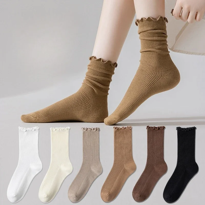 

6 pairs of women's spring autumn trendy mid tube cotton socks solid color versatile sweat absorbing simple casual socks