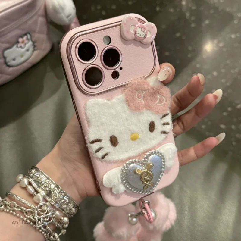 

Sanrio Hello Kitty, милый мультяшный плюшевый чехол для телефона для IPhone 16, 15, 14, 13, 12, Pro max 11, новый женский чехол с защитой от падения, милый тренд, чехол для телефона