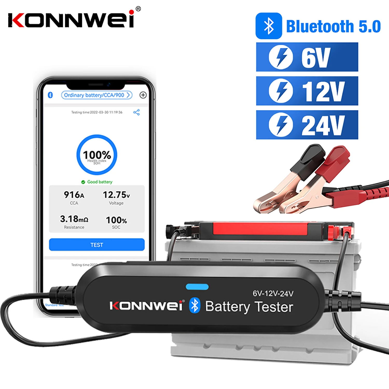 

KONNWEI BK200 Car Motorcycle Truck Battery Tester Bluetooth 5.0 Car Auto Battery Analyzer 6V 12V 24V Charging Cranking Test Tool