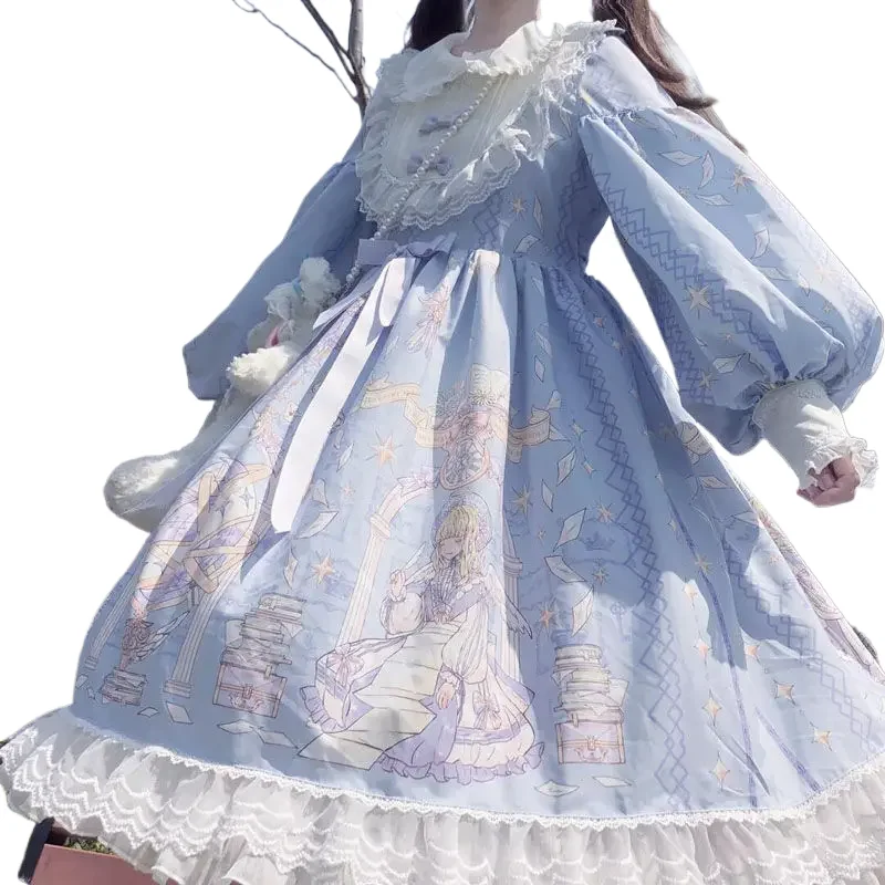 

Lolita Dress Sweet Lolita Style Long New Student Cute Long Sleeve Angel Print OP Lolita Dress Fairy Style